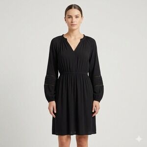 Knox Rose Womens Black Long Sleeve Boho Mini Dress Lace Pintuck Elastic Waist M